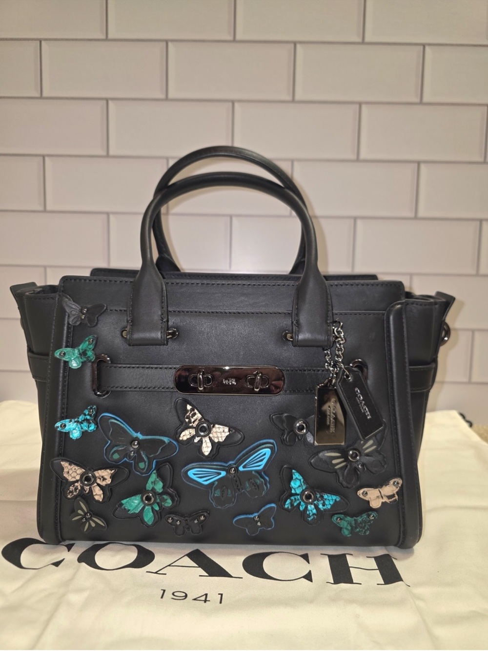Coach Black Leather Satchel with Turquoise & Cream Butterfly Accents